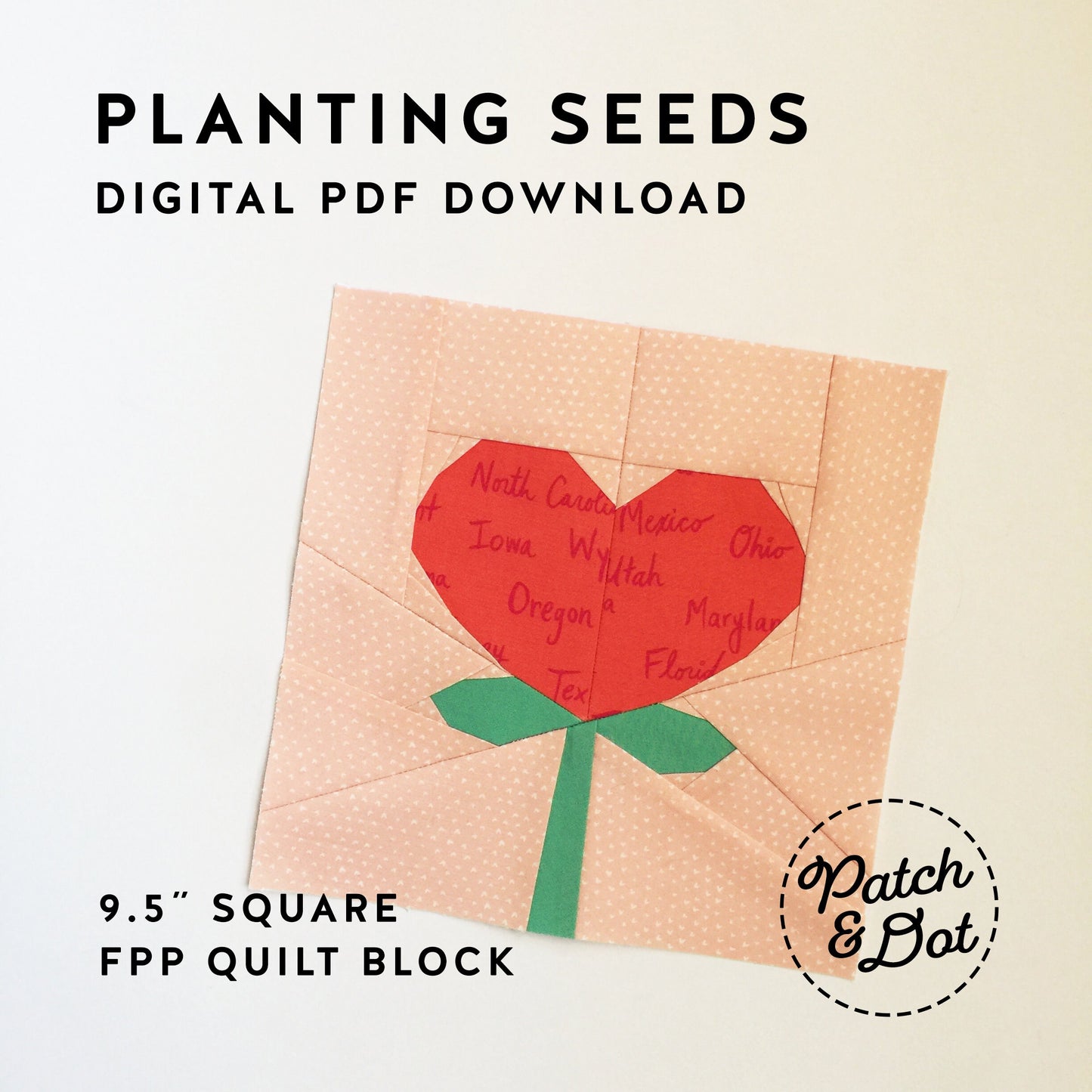 FPP Heart Quilt Block Pattern - Planting Seeds - PDF